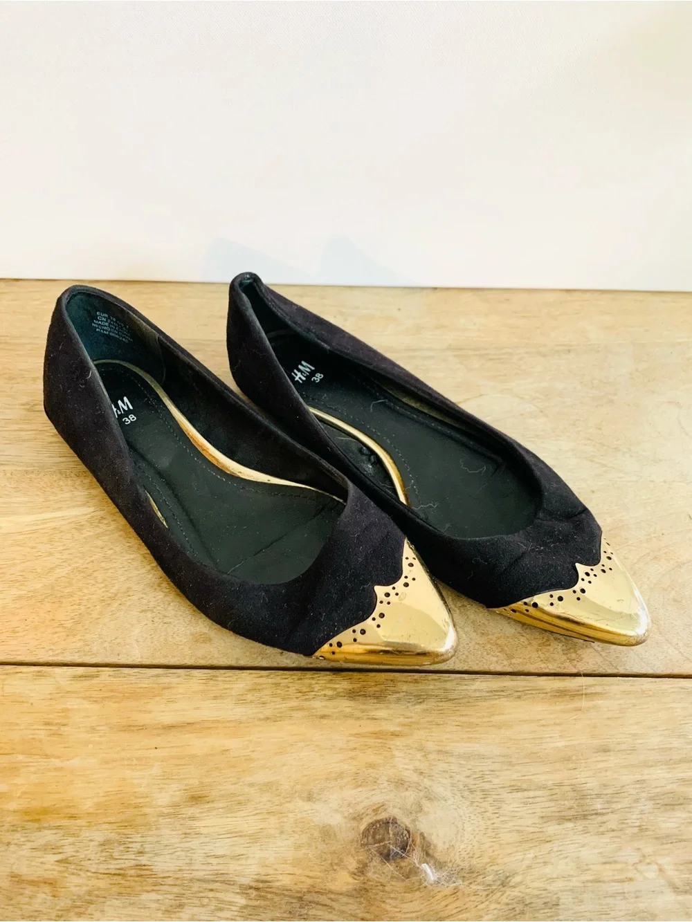 H&M Black Flats with Gold Pointed Toe Caps